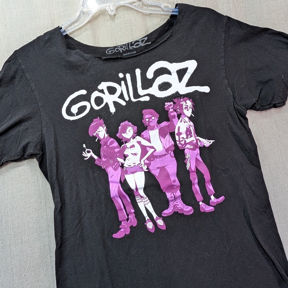 Gorillaz Band T-Shirt Black Purple Graphic Distressed Raw Hem Medium